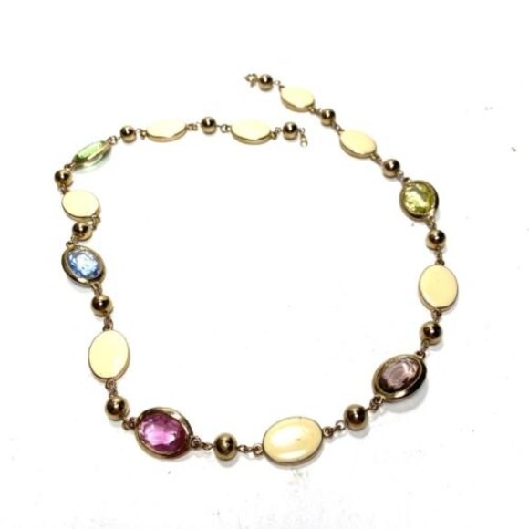 Vintage Necklace Gold Tone Beads Faux Ivory Pearl Medallion Faceted Pastel Glass - Picture 4 of 7